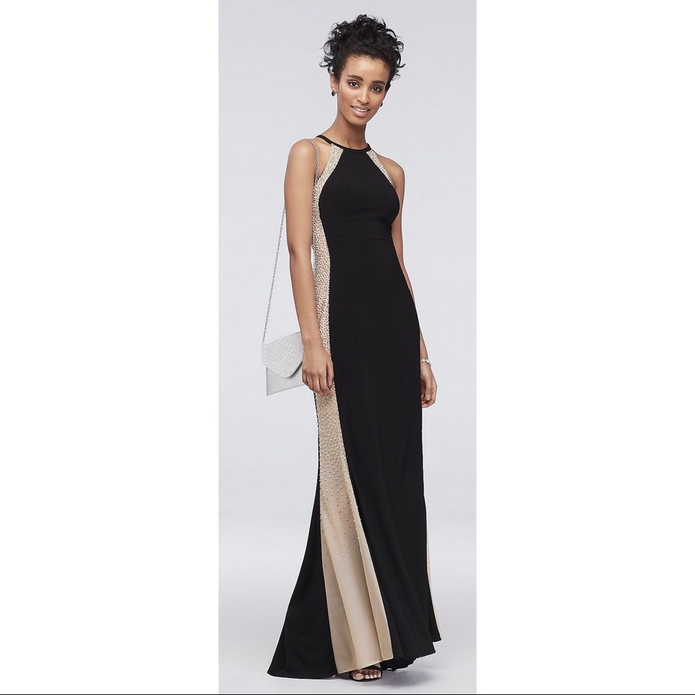 High-Neck Halter Sheath Dress with Illusion Panels